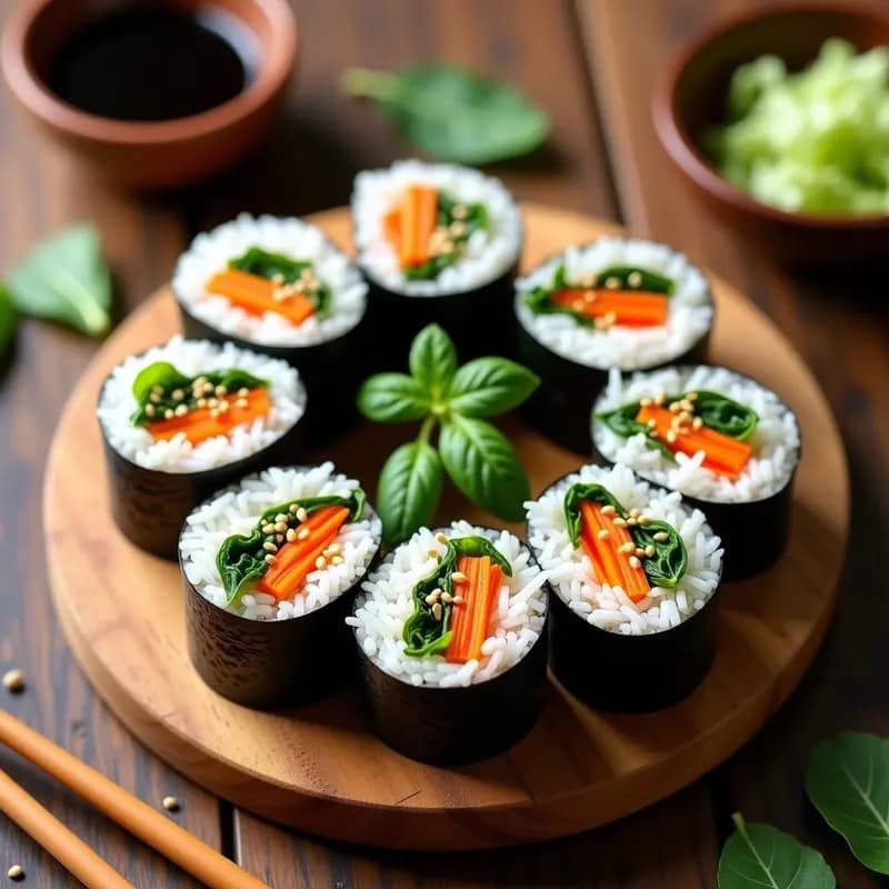 Rollos de kimbap coreano vegano cortados en porciones, mostrando capas de arroz blanco, espinacas verdes, zanahoria naranja, tofu dorado y algas nori negras, servidos en un plato de madera con semillas de sésamo espolvoreadas y gochujang al lado.
