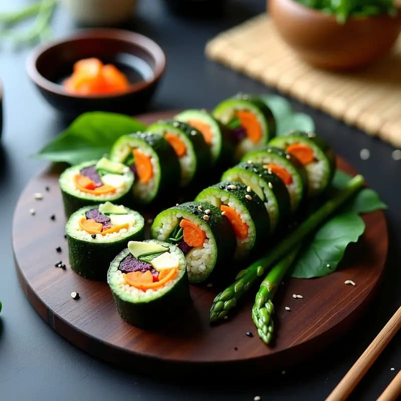 Rollos de kimbap vegano cortados en porciones, mostrando capas de arroz sazonado, zanahoria naranja, tofu dorado, espinacas verdes y aguacate cremoso, envueltos en alga nori oscura. Espolvoreado con semillas de sésamo negro y blanco, servido en plato de madera con salsa de soja al lado.