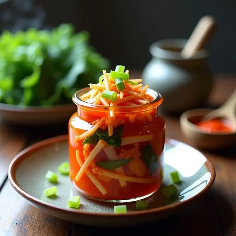 Frasco de vidrio transparente lleno de kimchi coreano de col rizada y rábano, con trozos verdes oscuros de col, bastones blancos de rábano y zanahoria naranja, bañados en una salsa roja picante. El kimchi está fermentado y listo para consumir, con burbujas visibles en el líquido. Plato de madera rústica al lado con un poco de kimchi servido.
