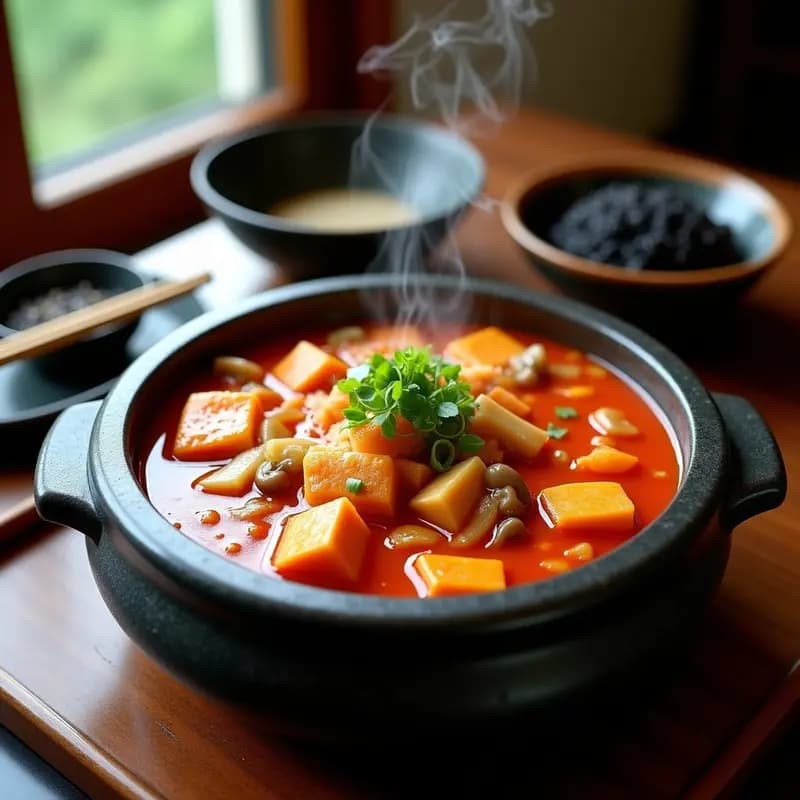 Olla de barro coreana con Kimchi Jjigae con Tempeh, un guiso espeso y picante con trozos dorados de tempeh, kimchi fermentado, champiñones shiitake y cebolleta verde, servido sobre arroz integral en un bol de cerámica negra.