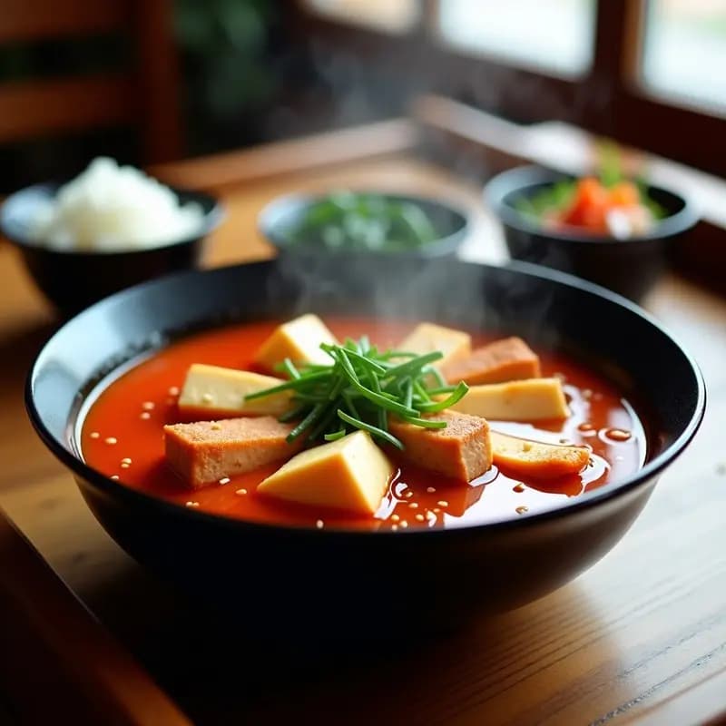 Bol hondo de cerámica negra con kimchi jjigae humeante, trozos de cerdo dorado, tofu sedoso y cebollino fresco, acompañado de arroz blanco y cuencos de banchan en una mesa rústica.