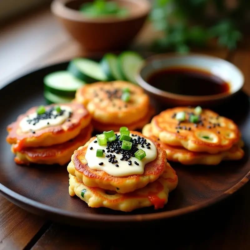 Pila de kimchi pancakes dorados y crujientes con queso de anacardos derretido, semillas de sésamo negro y trozos de kimchi visible, servidos en plato de cerámica blanca con salsa de soja al lado, aperitivo coreano vegano.