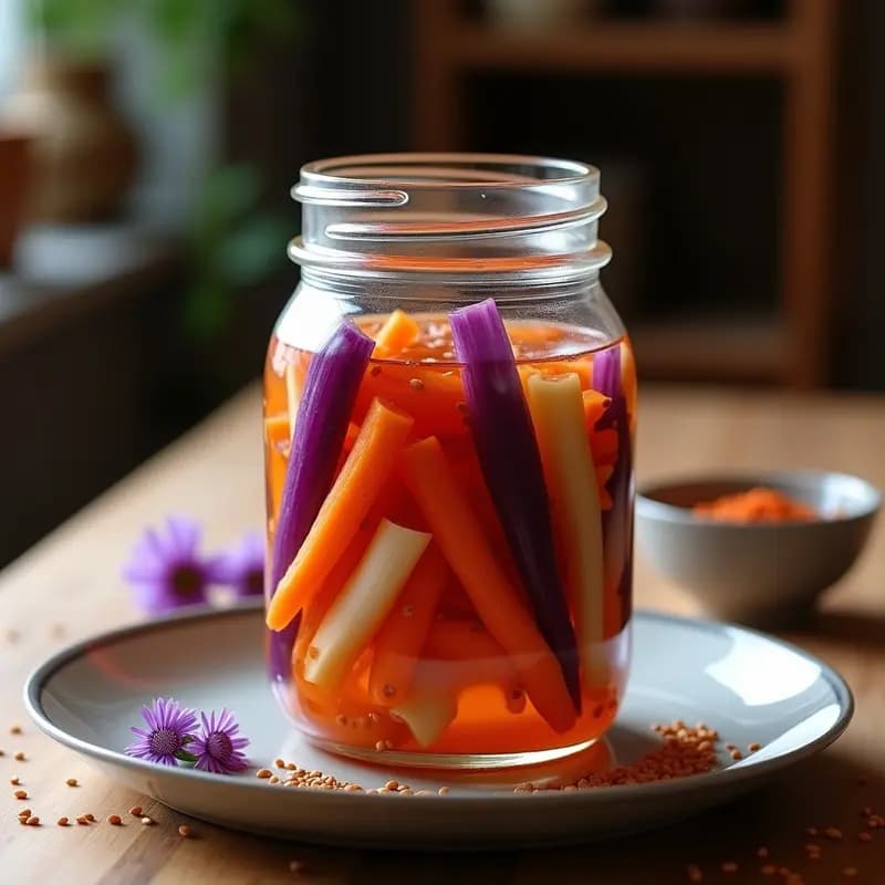 Tarro de vidrio transparente lleno de picles de kimchi fermentado con bastones de rábano daikon y zanahorias en juliana, sumergidos en líquido rojizo. Decorado con semillas de sésamo y hojas de nori sobre fondo de madera rústica.