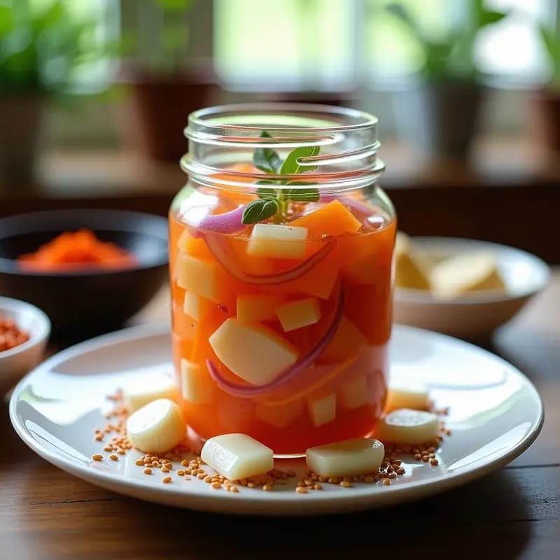 Frasco de vidrio transparente lleno de kimchi vegano de rábano daikon fermentado, con bastones de rábano blanco y naranja, trozos de cebolla morada y semillas de sésamo, sobre una mesa de madera rústica con un fondo de especias coreanas y hierbas frescas.
