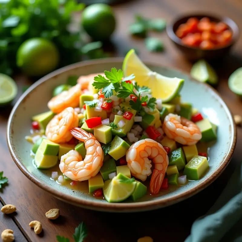 Plato hondo de cerámica blanca con Kinh Gira de Abacate e Camarão, ceviche brasileño de camarones rosados marinados en leche de limón, cubos de aguacate verde cremoso, cebolla morada, tomate y cilantro. Acompañado de chips de yuca y decorado con hojas de menta, sobre una mesa de madera rústica con limones verdes cortados.