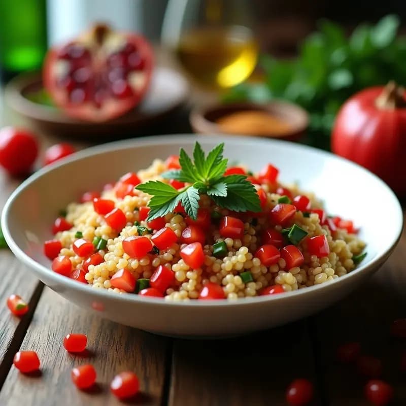 Ensalada Kissir libanés en bol de cerámica blanca con trigo bulghur, tomates perla, semillas de granado rojas, almendras tostadas y hierbas frescas, acompañada de vinagreta de tamarindo y especias.