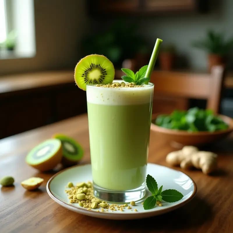Vaso alto transparente con Kiwi Chaas, batido indio de color verde claro con trozos de kiwi visible, decorado con hojas de menta y semillas de cardamomo espolvoreadas. Fondo borroso con ingredientes como kiwis, yogur y especias alrededor.