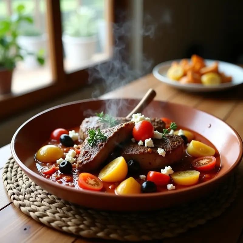 Olla lenta abierta mostrando kleftiko de cordero griego: trozos de carne dorada y tierna, patatas doradas empapadas en jugo, tomates pereta asados y hierbas frescas. Plato tradicional griego reconfortante.