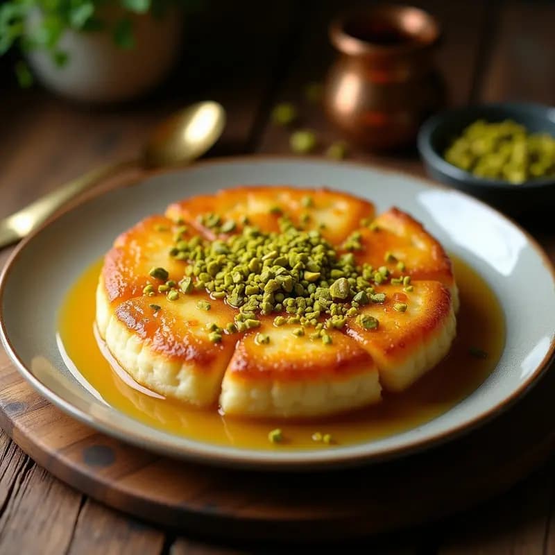 Knafeh de queso Akkawi y pistacho con semolina en molde de cobre, dorado y crujiente, bañado en almíbar brillante de agua de rosas y espolvoreado con pistachos verdes picados. Postre palestino tradicional sin harina.
