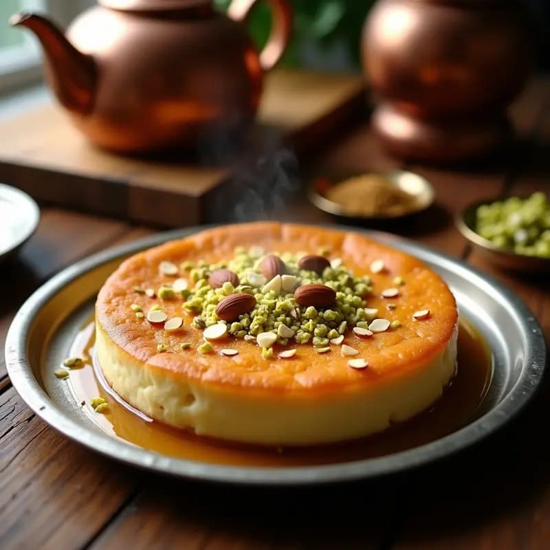 Knafeh vegano de queso de cabra y almendras en molde redondo, dorado y crujiente, bañado en almíbar de agua de rosas y decorado con pistachos picados y almendras tostadas. Postre palestino salado y dulce con textura en capas.