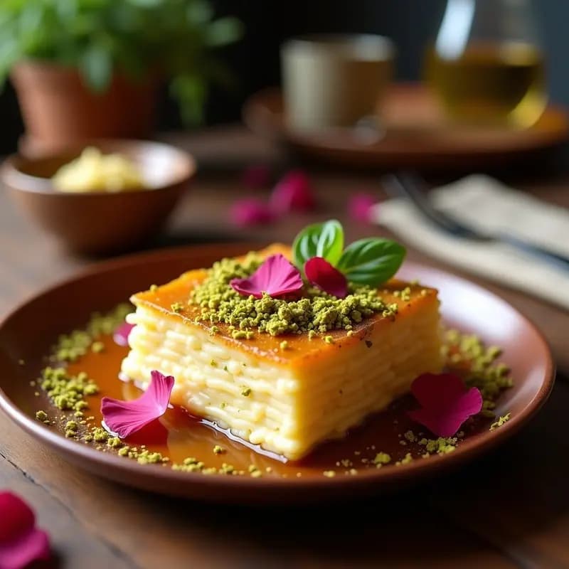 Knafeh de queso de cabra y pistacho con jarabe de rosa en sartén de hierro, dorado y crujiente, con pistachos picados y jarabe brillante. Postre sirio-libanés tradicional con textura en capas.