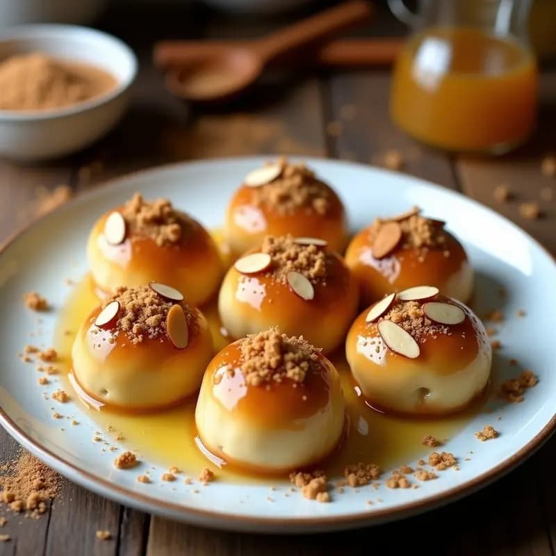 Plato blanco con seis Knödel de pan austriaco dorados, rellenos de ciruela y canela, bañados en mantequilla derretida y cubiertos con migas de pan tostado y almendras fileteadas. Fondo rústico con una cuchara de madera y canela espolvoreada.