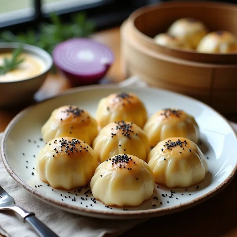 Knödel Austriacos veganos al vapor con semillas de amapola tostadas, servidos en plato blanco rústico con hierbas frescas y salsa cremosa, aperitivo saludable y sin gluten.
