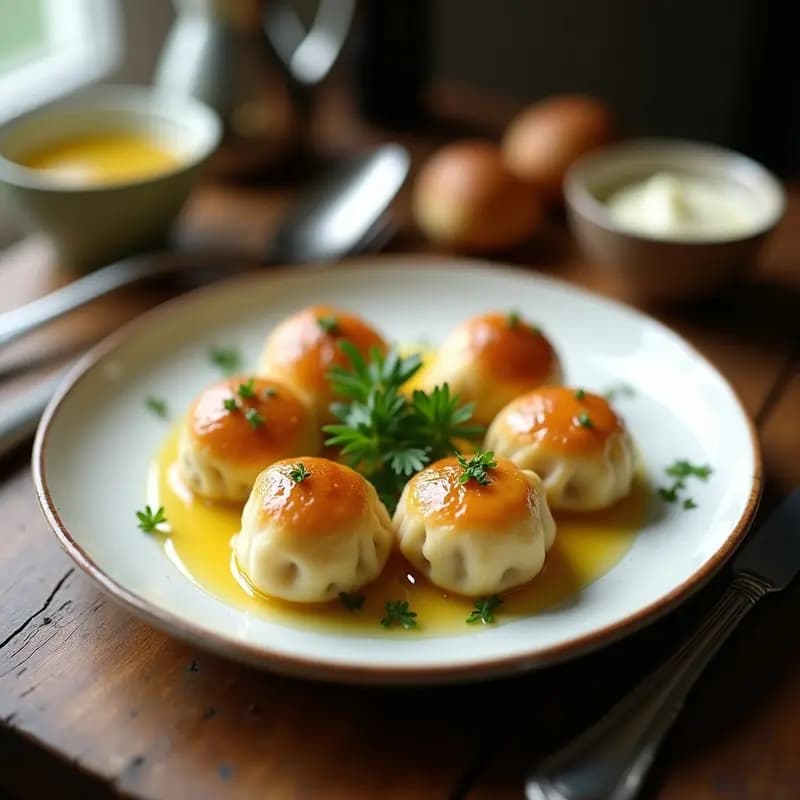 Plato blanco con knödel austriacos de pan y hierbas dorados, bañados en mantequilla derretida brillante, decorados con perejil fresco y acompañados de un tenedor de plata.