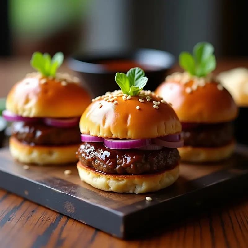 Mini hamburguesas de carne de Kobe beef glaseadas con salsa teriyaki brillante, servidas en panecillos brioche dorados con lechuga baby y cebolla morada, espolvoreadas con semillas de sésamo y aceite de sésamo, receta japonesa en airfryer.