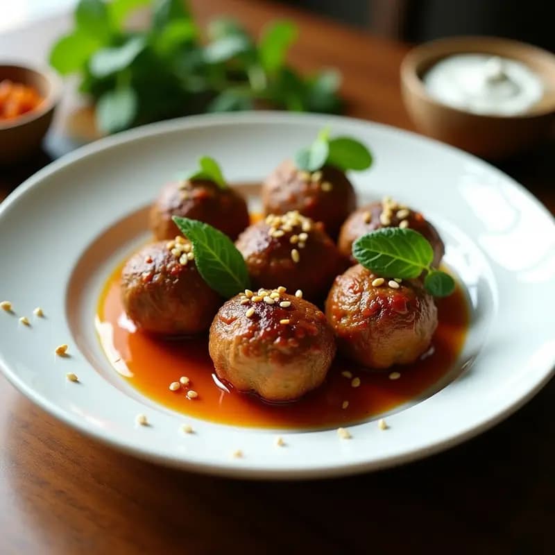 Kofta de cordero egipcia dorada y jugosa en airfryer, servida en plato de cerámica blanca con salsa de tamarindo y menta, yogur griego y semillas de sésamo espolvoreadas. Receta alta en hierro.