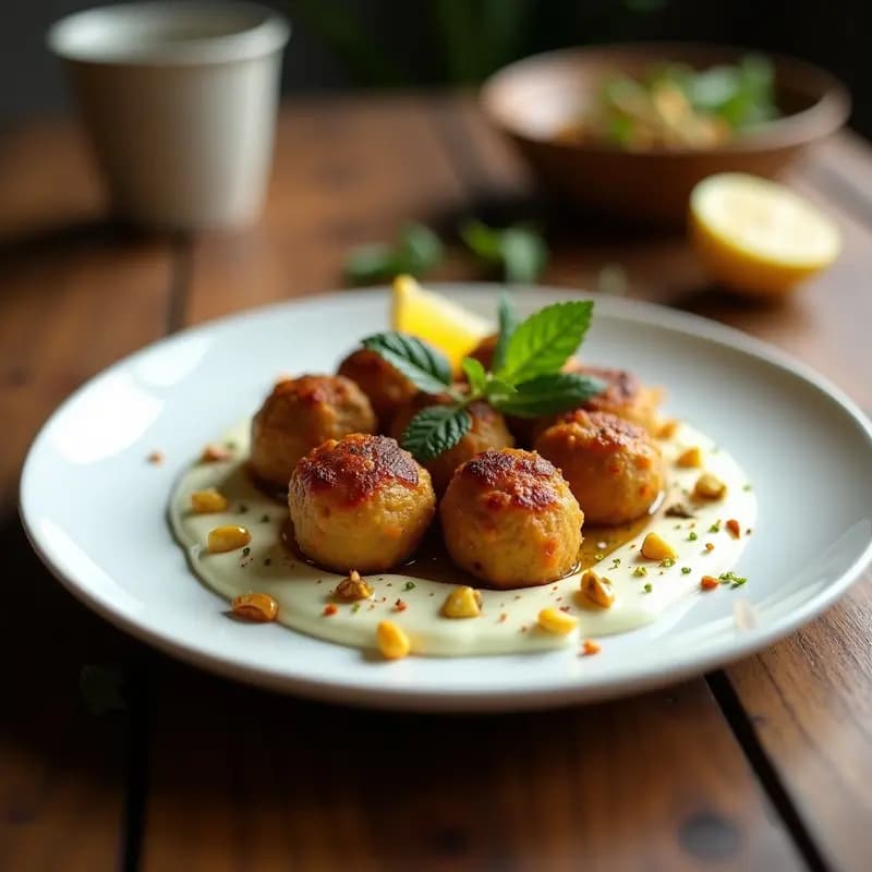 Plato blanco con koftas de cordero doradas al horno, servidas sobre una salsa cremosa de yogur griego con semillas de granadilla y espolvoreadas con pistachos picados. Acompañadas de rodajas de limón y hierbas frescas.