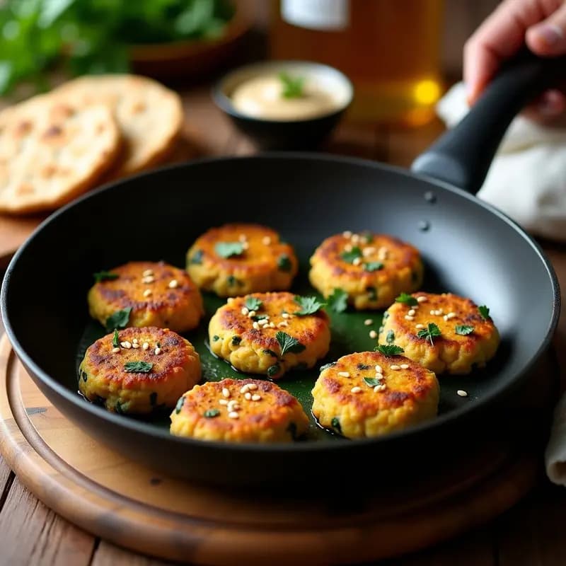 Kofta de garbanzo y espinacas doradas en sartén antiadherente, decoradas con semillas de sésamo y perejil fresco, receta libanesa vegana alta en hierro.