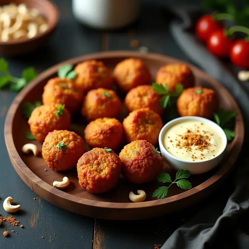 Kofta de garbanzos al horno doradas y crujientes sobre una bandeja de madera, acompañadas de un bol de salsa de yogur cremosa con anacardos, cilantro fresco y especias indias esparcidas. Receta vegana y crujiente.