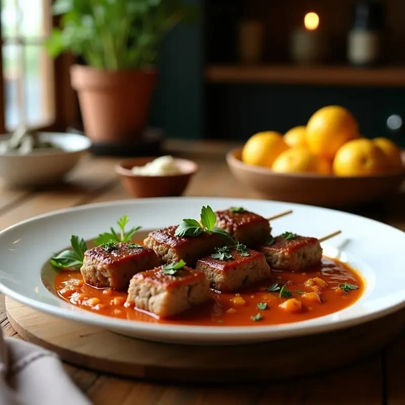 Brochetas de kofta kebabs de cordero y hierbas iraníes doradas a la parrilla, con hierbas frescas visibles y un fondo de carbones al rojo vivo, receta tradicional para BBQ.