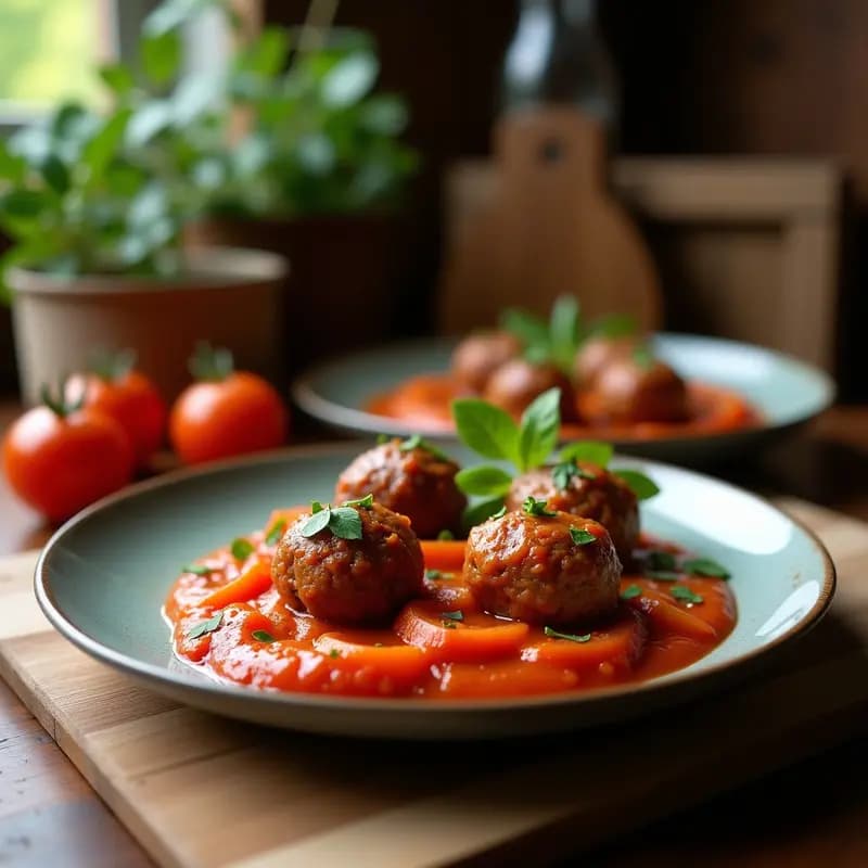 Plato de koftas de lentejas rojas y cebolla doradas en airfryer, servidas con salsa de tomate casera espesa y perejil fresco. Receta árabe alta en fibra y sin gluten, presentada en vajilla rústica de barro.