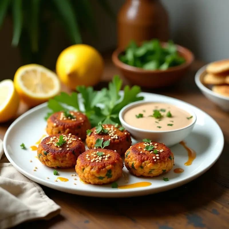 Plato blanco con koftas egipcias doradas de lentejas rojas y cilantro, decoradas con semillas de sésamo y acompañadas de salsa de tahini y rodajas de limón sobre fondo rústico de madera.