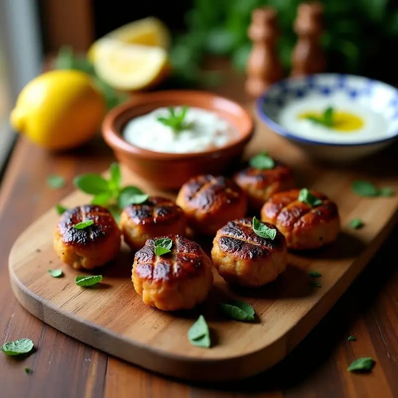 Koftas de cordero doradas en parrilla con hierbas frescas, servidas en plato de barro con salsa cremosa de yogur de cabra y rodajas de limón, receta griega tradicional.