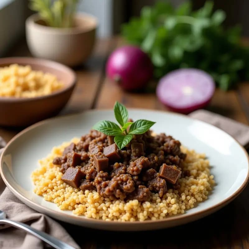 Bandeja de horno con Kofte de Cordero y Bulgur al horno, doradas y crujientes, decoradas con semillas de sésamo, sobre un fondo rústico de madera con hierbas frescas y especias esparcidas.