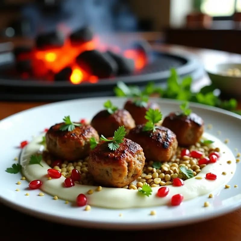 Plato rústico de madera con kofte de cordero doradas y jugosas, servidas sobre una cama de hierbas frescas y acompañadas de salsa de yogur cremosa. Receta persa en grill rápida.