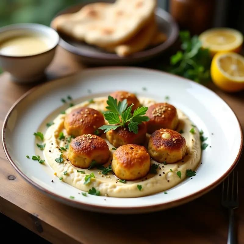 Plato de albóndigas doradas de garbanzos y hierbas frescas, servidas sobre un lecho de hummus cremoso, decoradas con semillas de sésamo y perejil picado, receta vegana de Oriente Medio en sartén.