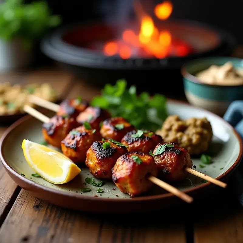 Brochetas turcas kofte kebabs de cordero especiadas a la parrilla, doradas y jugosas, con hierbas frescas y limón en un plato rústico de barro.
