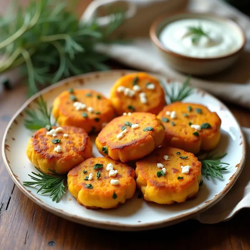 Kolokithokeftedes griegos dorados y crujientes, hamburguesas de calabaza y queso feta en airfryer, servidas en plato rústico con salsa de yogur y hierbas frescas.