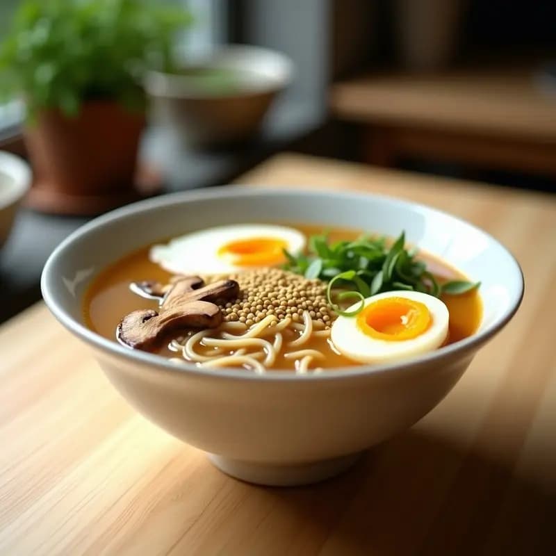 Cuenco hondo coreano con Kongnamul Gukbap: sopa de fideos de trigo sarraceno, brotes de soja frescos, caldo umami claro y huevo escalfado con yema líquida. Decorado con semillas de sésamo, cebolla verde picada y un hilo de aceite de sésamo tostado.