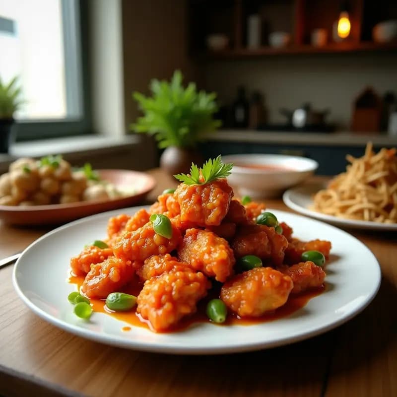Plato hondo de cerámica negra con trozos dorados y crujientes de Korean Fried Chicken bañados en salsa gochujang y miel, espolvoreados con semillas de sésamo y cebollino fresco, acompañado de rodajas de pepino. Receta en airfryer.