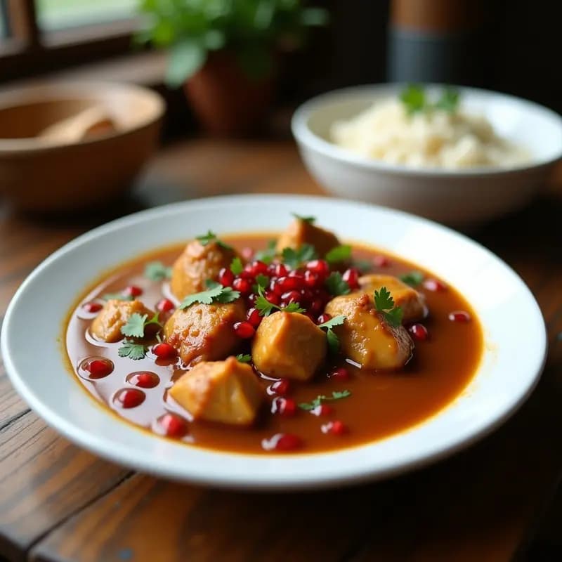 Plato hondo de cerámica blanca con Koresh-e Fesenjan de pollo y granadas, estofado persa espeso de color marrón dorado, decorado con semillas de granada rojas y cilantro fresco, acompañado de arroz basmati. Receta de olla exprés.