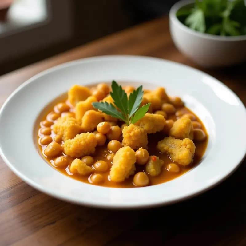 Plato hondo de barro con korma india vegana de coliflor y garbanzos, bañada en salsa cremosa de leche de coco y especias, decorada con almendras tostadas y cilantro fresco sobre fondo rústico.