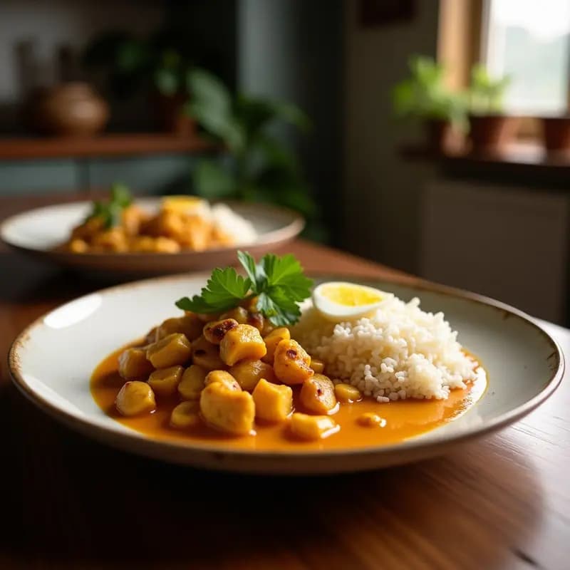 Plato hondo de barro con korma de pollo y anacardos pakistaní, salsa cremosa de color beige claro con trozos de pollo dorado y anacardos enteros. Decorado con cilantro fresco y acompañado de arroz basmati blanco. Fondos de especias enteras como cardamomo y canela en rama.