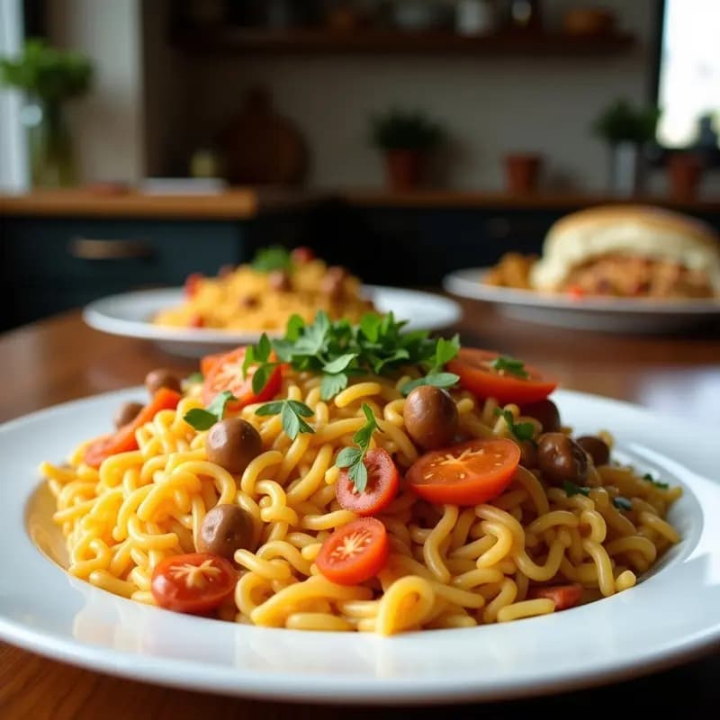 Plato hondo de barro lleno de koshari egipcio con capas de arroz basmati, lentejas pardinas, pasta corta y garbanzos, cubierto con salsa de tomate espesa y cebollas moradas fritas crujientes. Receta vegana y alta en fibra.