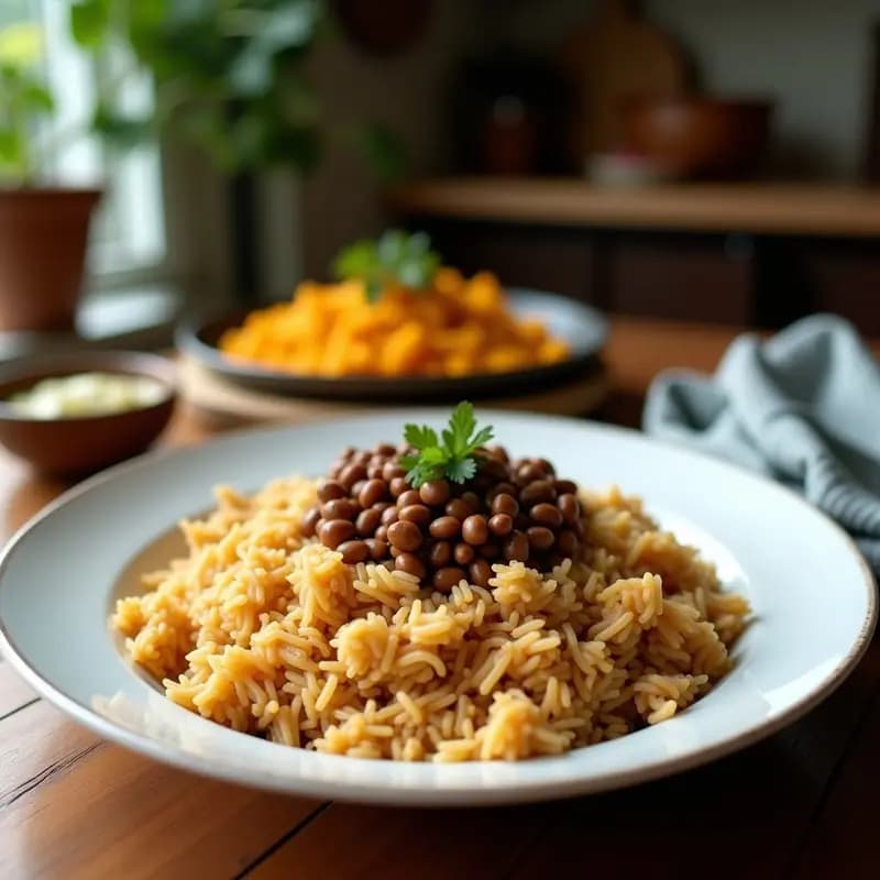 Plato hondo de barro repleto de koshari egipcio vegano con capas de arroz basmati, lentejas pardinas, fideos integrales y garbanzos dorados, bañado en salsa de tomate especiada y decorado con cebollas moradas fritas crujientes. Toques de vinagre de manzana y ajos fritos visibles.