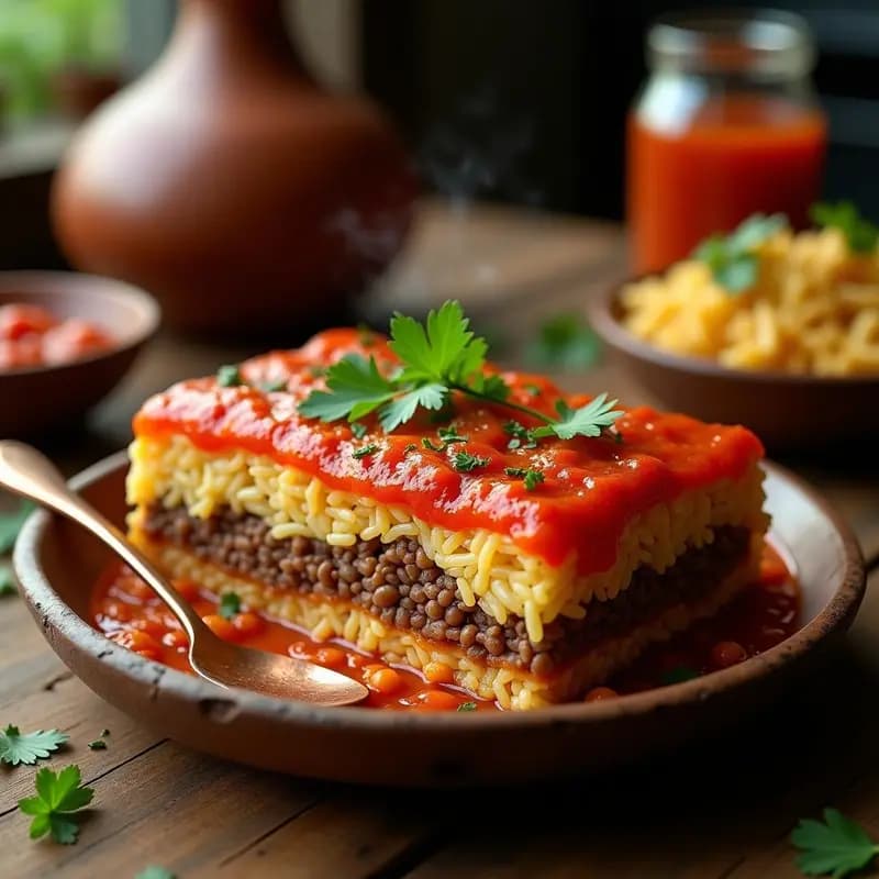 Pastel de carne egipcio koshari en molde rectangular, con capas visibles de arroz basmati, lentejas especiadas, fideos y garbanzos, cubierto de salsa de tomate brillante y perejil fresco.