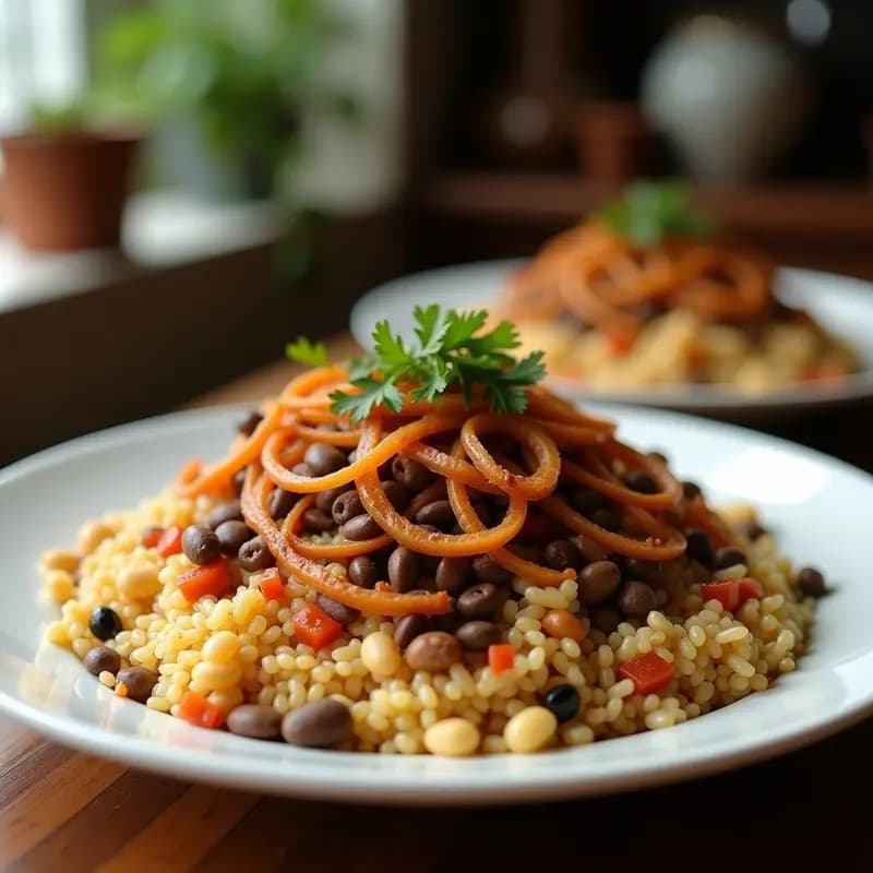 Plato hondo de barro con Koshari egipcio: base de arroz basmati y pasta ditalini mezclados, cubiertos de lentejas negras brillantes, salsa de tomate especiada con comino y cardamomo, y coronado con cebolla morada crujiente dorada. Fondos de especias y texturas contrastadas.