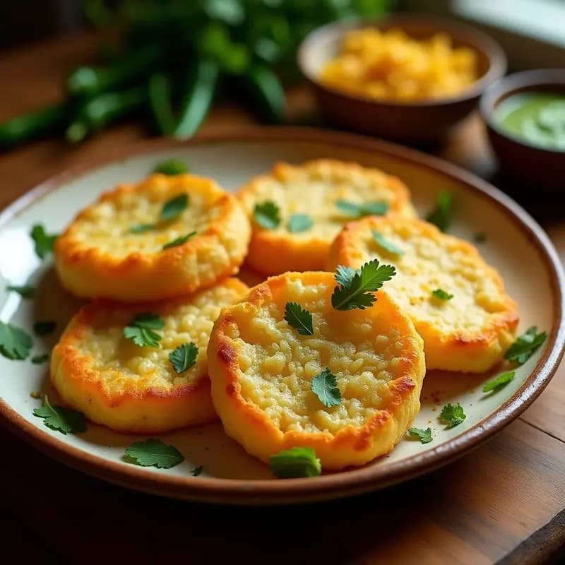 Plato de kosoprosti bengalí vegano con col y patata, dorado y crujiente por fuera, servido en un plato de cerámica tradicional con hojas de cilantro fresco y rodajas de limón al lado.