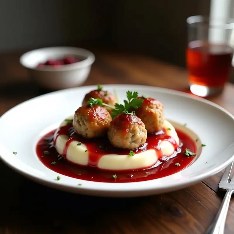 Plato blanco con köttbullar suecos dorados sobre puré de patatas cremoso, bañados en salsa de arándanos brillante y decorados con hojas de perejil fresco. Receta tradicional sueca en 25 minutos.