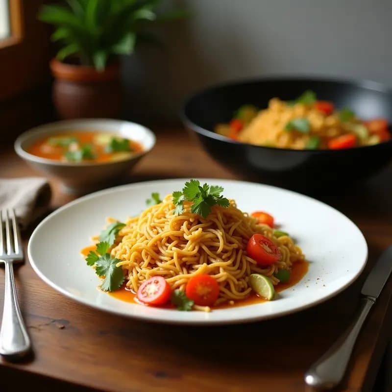 Plato hondo de barro con Kottu Roti Sri Lankés, trozos dorados de roti picado mezclados con pollo salteado, cebolla morada, pimiento rojo y huevo en hilos, decorado con cilantro fresco y rodajas de limón.