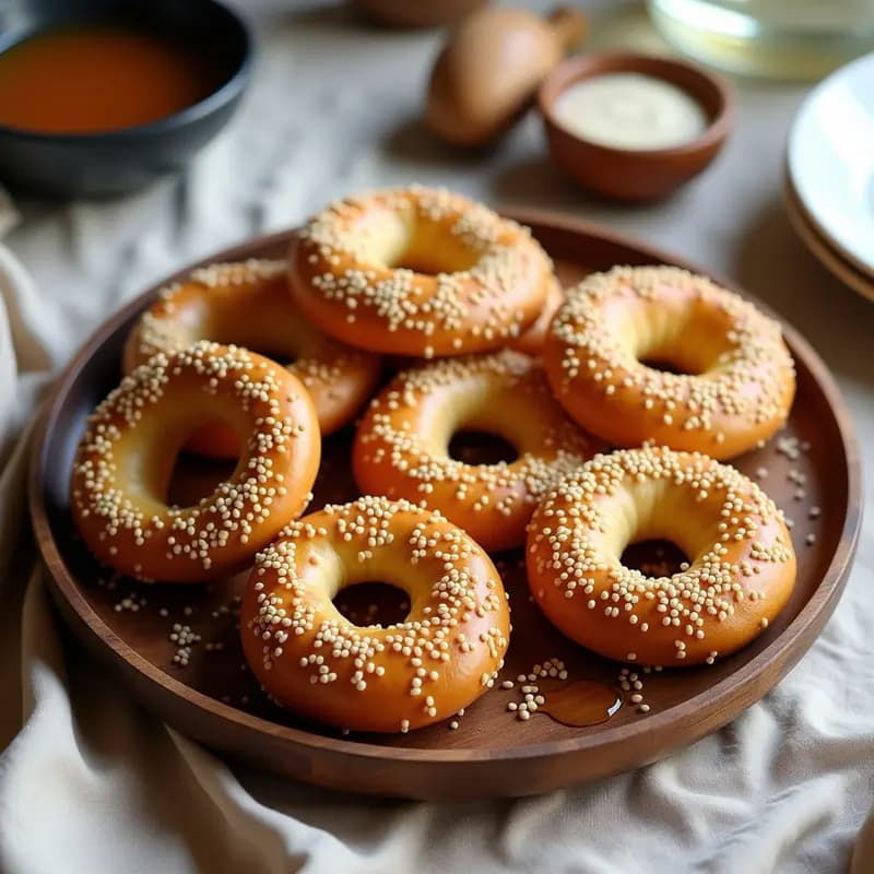 Rosquillas doradas de Koulouri griego cubiertas de semillas de sésamo blanco y bañadas en miel brillante, dispuestas en una bandeja de madera rústica con fondo de tela de lino.