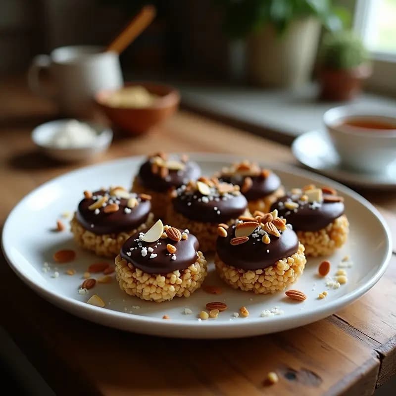Krispies de quinoa tostada dorada cubiertos de chocolate negro brillante y almendras fileteadas, servidos en un plato blanco sobre fondo rústico de madera. Snack saludable sin azúcar preparado en airfryer.