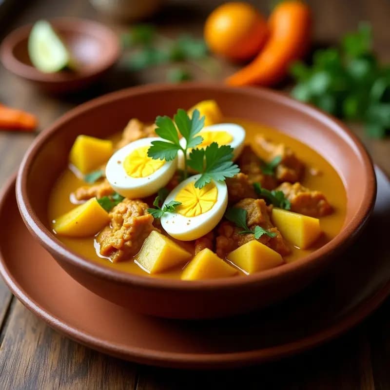Plato hondo de barro con kuelebre de pollo y papas con ají amarillo, servido con huevo duro picado y hojas de huacatay fresco, receta peruana en olla a presión.