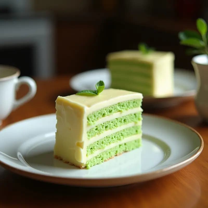 Pastel Indonesio Kuih Lapis vegano sin horno, con capas verdes y blancas alternadas de pandan y coco, decorado con coco rallado y anacardos picados, servido en porciones rectangulares sobre un plato de cerámica blanca.