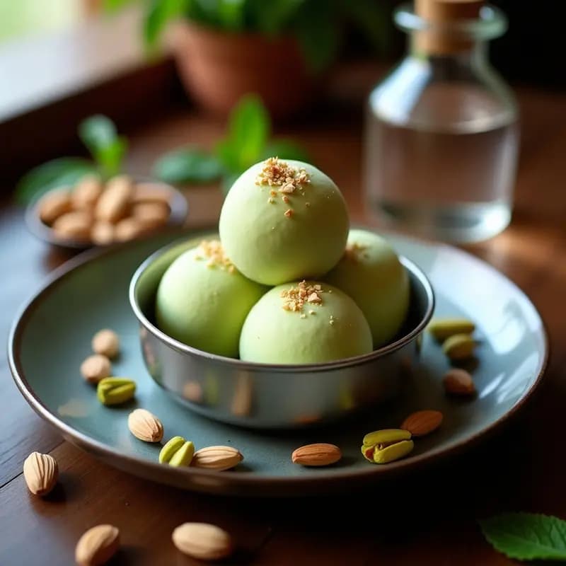 Kulfi de cardo y pistacho con leche de almendras servido en molde tradicional indio de metal, decorado con pistachos enteros y un hilo de agua de rosas, sobre fondo rústico de madera con hojas de menta.
