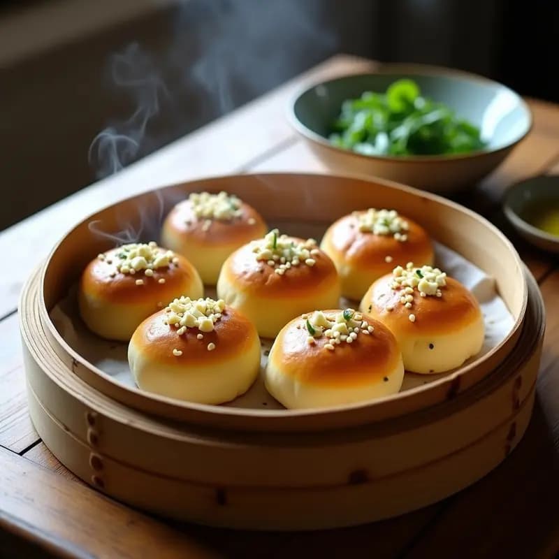Panecillos coreanos kulguryoni al vapor rellenos de calabacín y queso feta, con semillas de sésamo espolvoreadas, servidos en una vaporera de bambú sobre fondo de madera rústica.